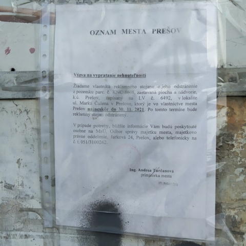 02 – Prešov, Marka Čulena, oznam mesta z novembra 2021